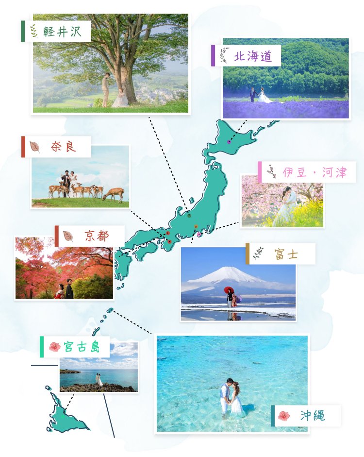 北海道、富士、伊豆・河津、軽井沢、京都、奈良、沖縄、宮古島