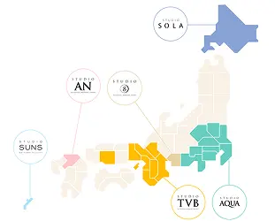 STUDIO AQUA（関東）、STUDIO TVB（関西・広島）、STUDIO 8（東海）、STUDIO AN（九州）、STUDIO SOLA（北海道）、STUDIO SUNS（沖縄）
