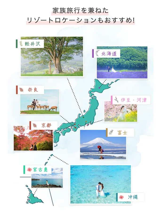 家族旅行を兼ねたリゾートロケーションもおすすめ！（北海道、伊豆・河津、富士、軽井沢、京都、奈良、沖縄、宮古島）