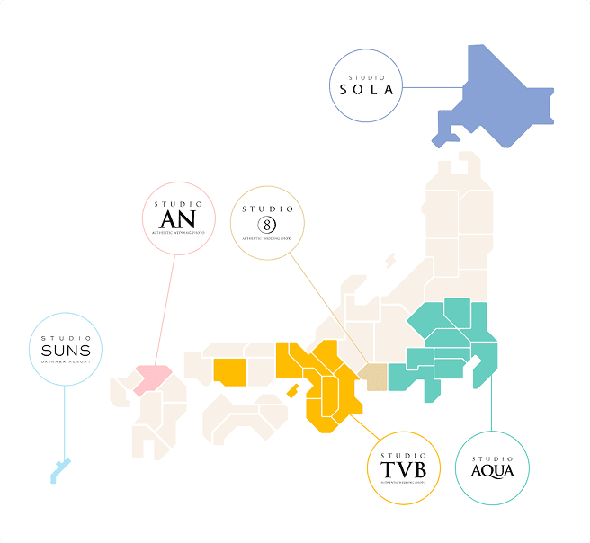 STUDIO AQUA(関東)、STUDIO TVB(関西)、STUDIO 8(東海)、STUDIO AN(九州)、STUDIO SOLA(北海道)、STUDIO SUNS(沖縄)