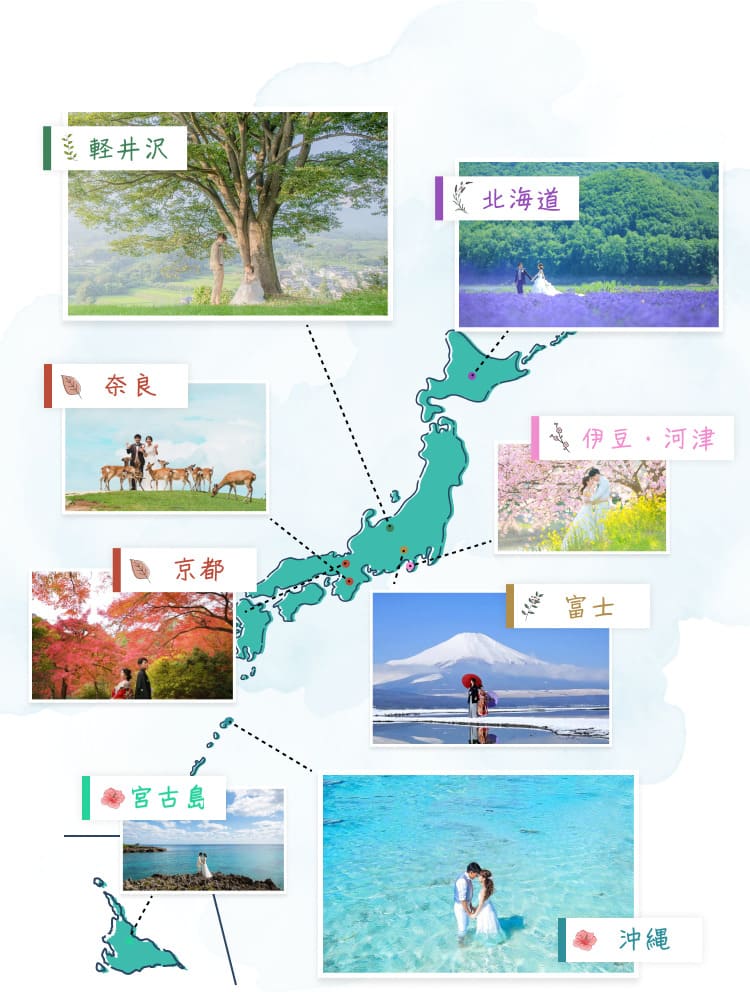 北海道、富士、伊豆・河津、軽井沢、京都、奈良、沖縄、宮古島